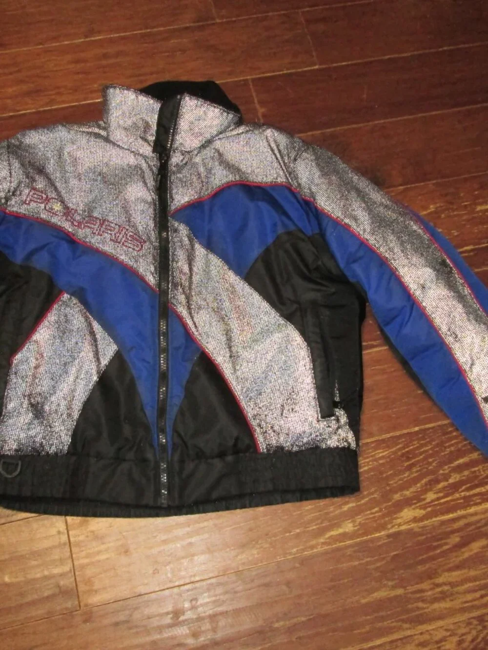 Vtg spellout colorblock Polaris snowmobile Jacket reflective front back sleeve L